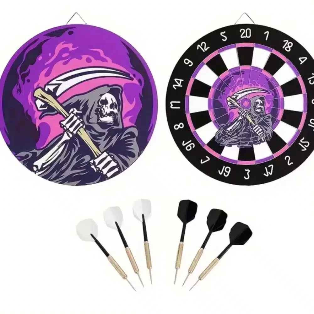 Cible fléchettes 45cm Reaper faucheuse violet rose segments numérotés avec 6 fléchettes 18g