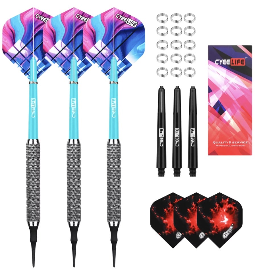 Kit fléchettes CYEELIFE 16g soft tip noir cyan ailettes gradient rose bleu tiges joints métal accessoires