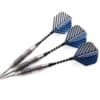 Set complet de 3 fléchettes professionnelles 24g avec pointes acier, corps strié argenté et vols rayés bleus et noirs