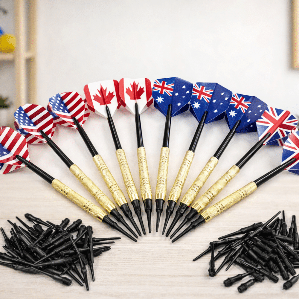 Set de 12 fléchettes professionnelles à pointes souples avec ailettes motifs nations et fûts laiton