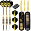 Trois fléchettes professionnelles 26g cuivre doré avec ailettes noires motif flammes dorées