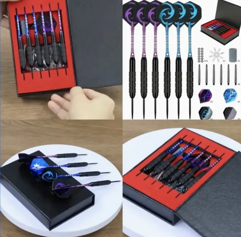 Coffret fléchettes professionnelles 22g, fléchettes bleues/violettes, accessoires, rangement élégant noir et rouge.