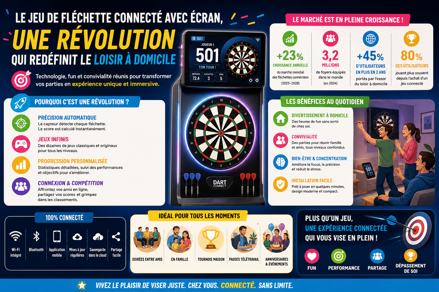 Infographie : Le jeu de fléchette connecté avec écran, une révolution qui redéfinit le loisir à domicile