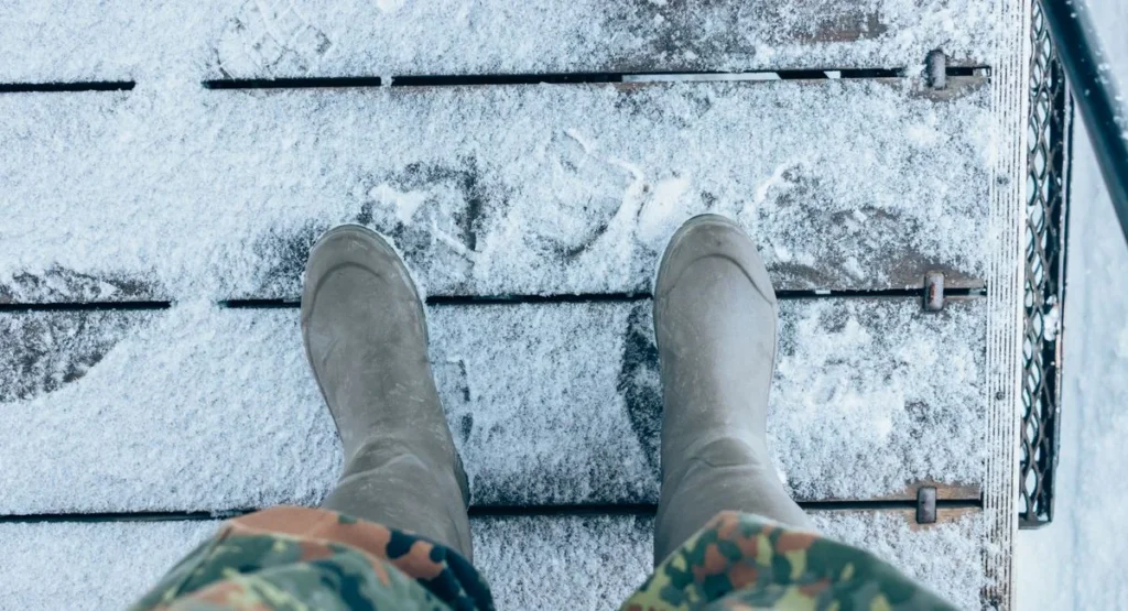 Une chaussure raquette dans la neige avec fixation en gros plan technique