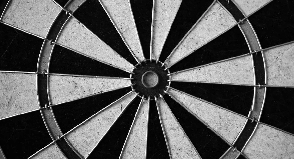 Monochrome image of a dartboard showcasing its geometric patterns in detail.